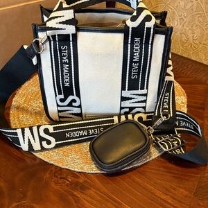 Steve Madden Black and Cream Logo Crossbody Bag